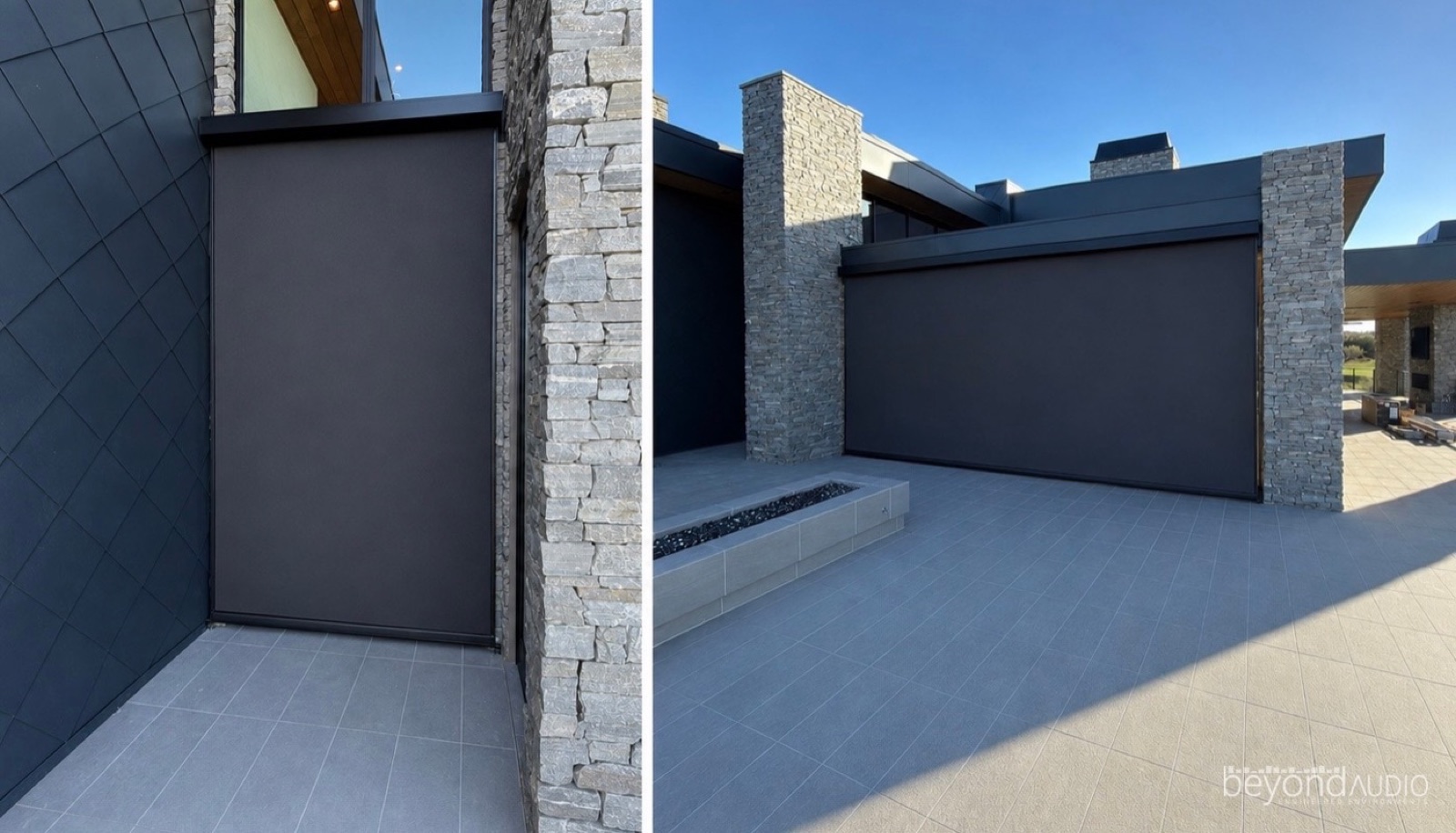 Exterior motorized shades on a stone home